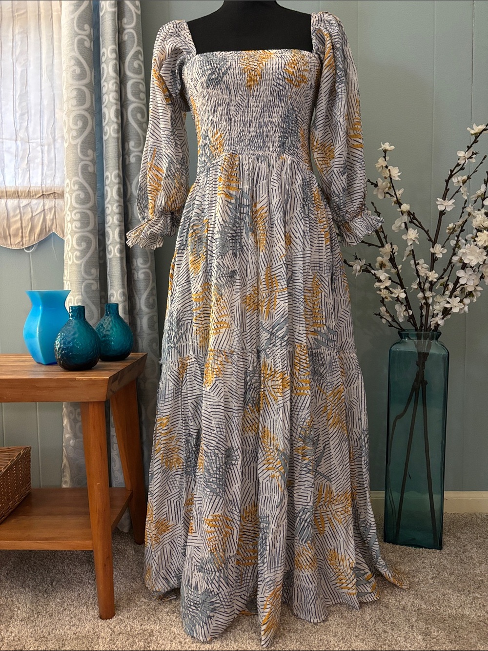 FATE Smocked Puff Sleeves Tiered Leaf Print Maxi Dress